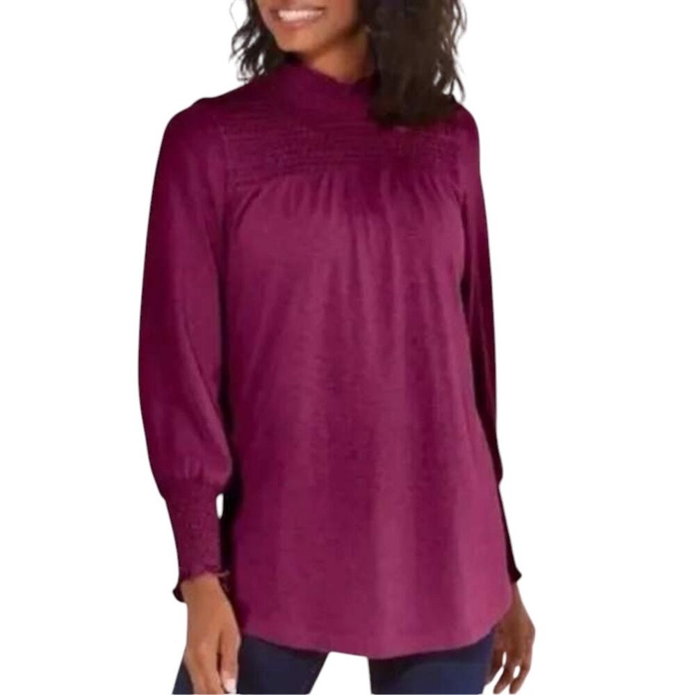 Soft  Surroundings Smocked Detail Mock Neck Long Sleeve Top in Fuchsia Small